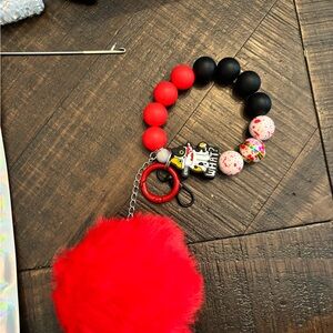 Homemade Red and Black Keychain with Pom Pom